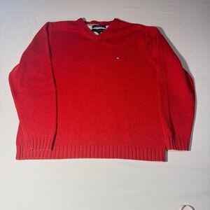 Tommy Hilfiger Womens Red V-Neck Cotton Knit Sweater Size Medium Flag Logo